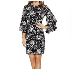 MICHAEL KORS M Mod Floral Flare Bell Ruffle Sleeve Dress Black White Stretch